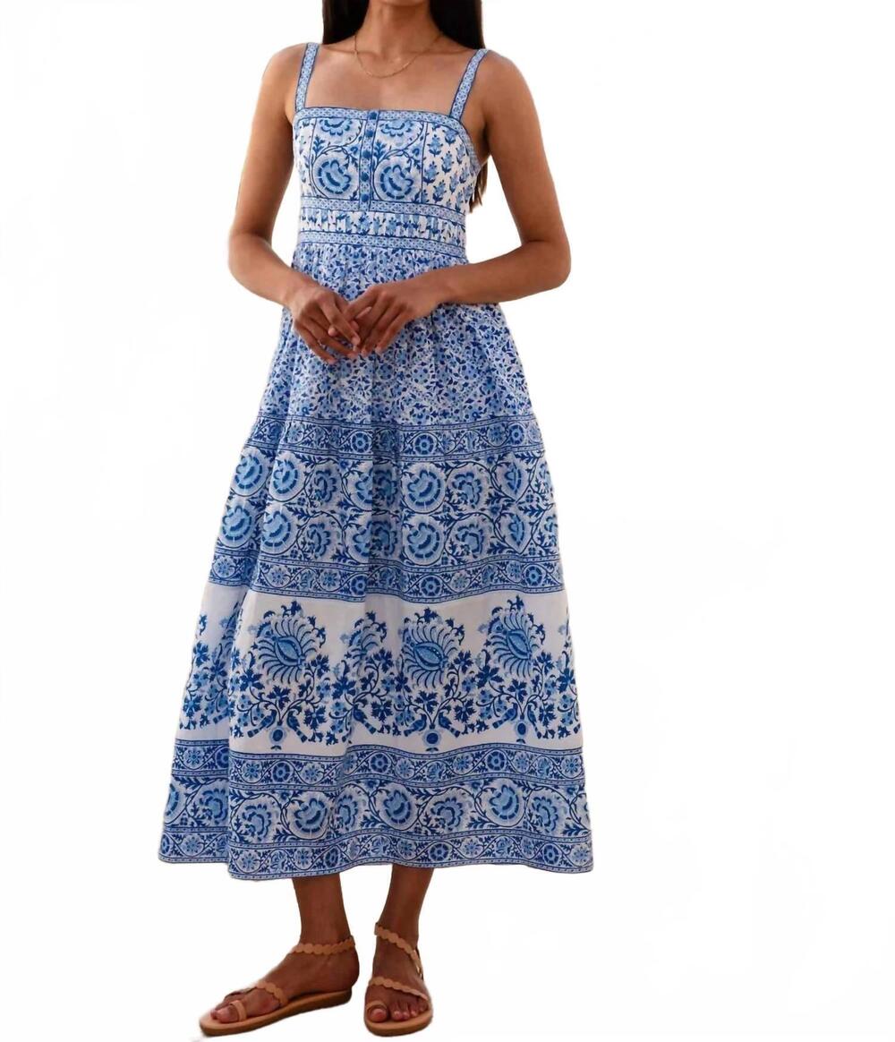 NEW PINK CITY PRINTS nuri midi dress in azure patchwork